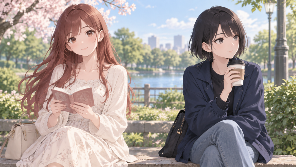 PixAIで赤髪の女性と黒髪の女性を特徴や行動ごとに描き分けた二人のイラスト