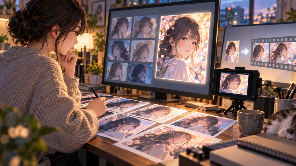 PixAI動画生成前にアニメキャラクターの元画像を比較する様子